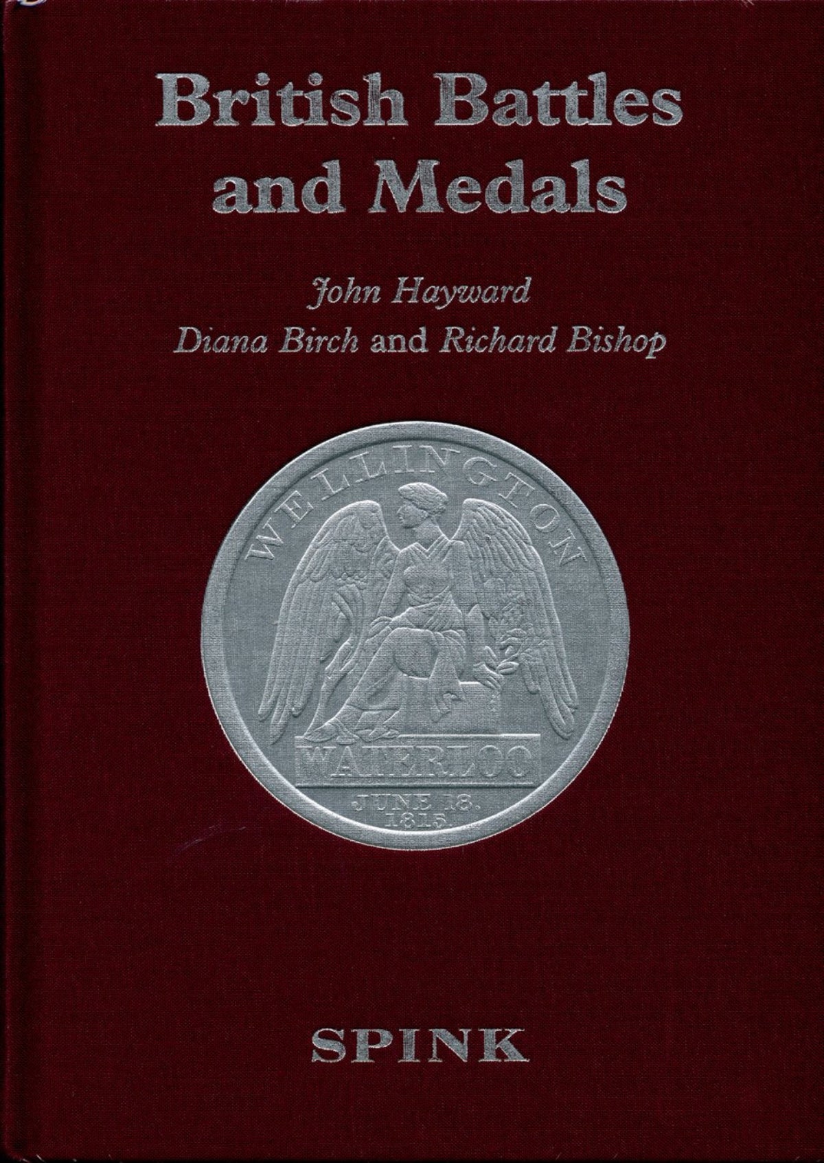 Book cover of 'British Battles and Medals' with a silver coin illustration on a red background