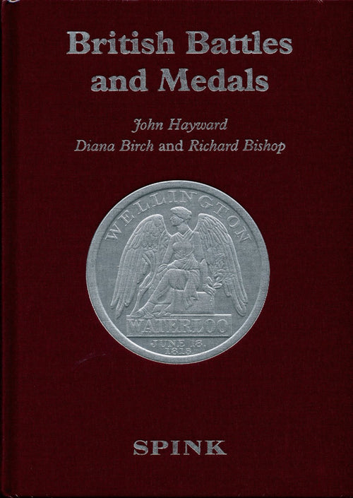 Book cover of 'British Battles and Medals' with a silver coin illustration on a red background