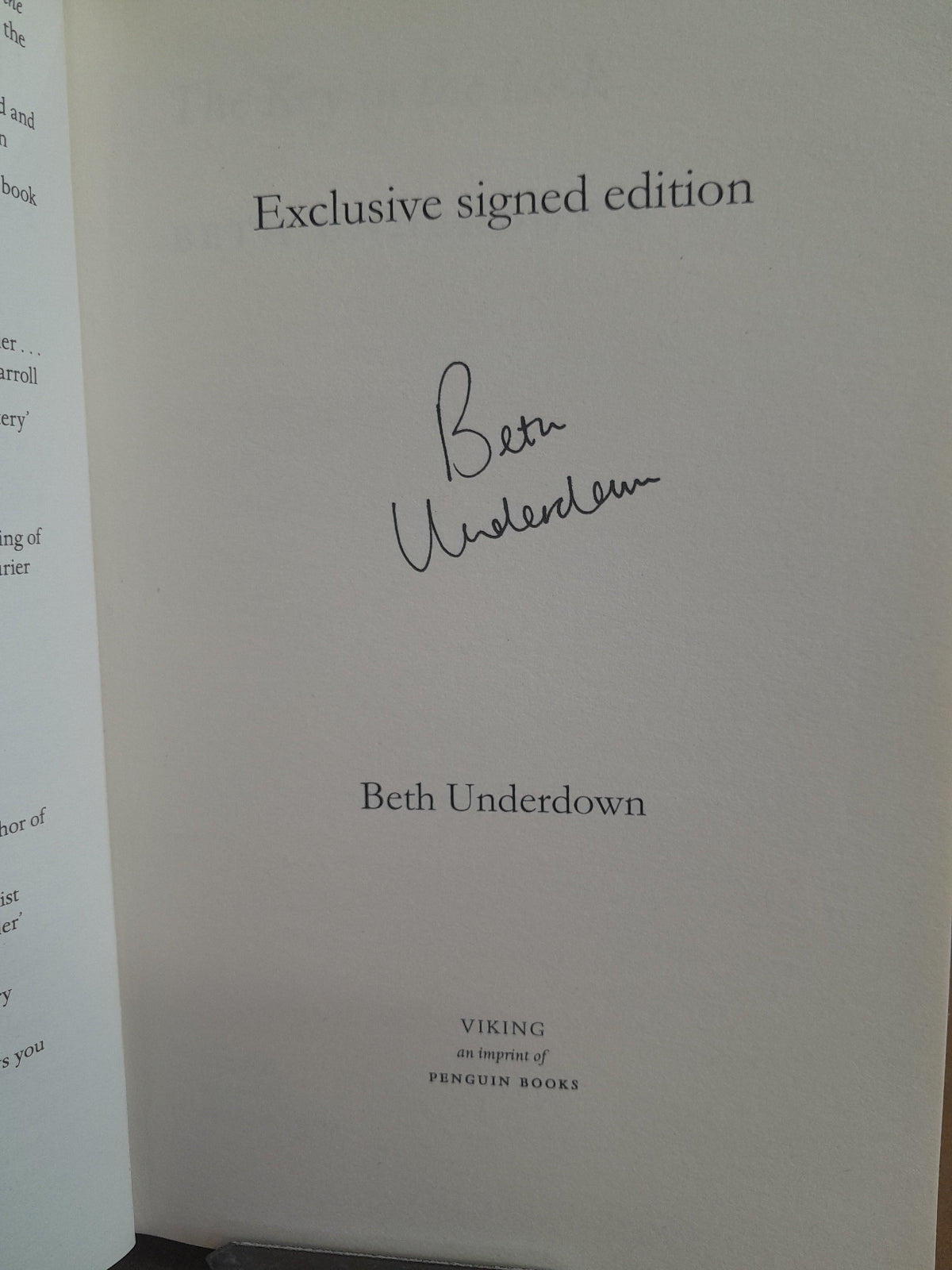 A close-up of a book's title page for 'Exclusive signed edition' by Beth Underdown, featuring a handwritten signature in black ink and the Viking imprint logo at the bottom.