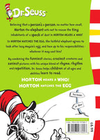 Back cover of 'Horton Hears a Who!' book by Dr. Seuss with text and character illustration.