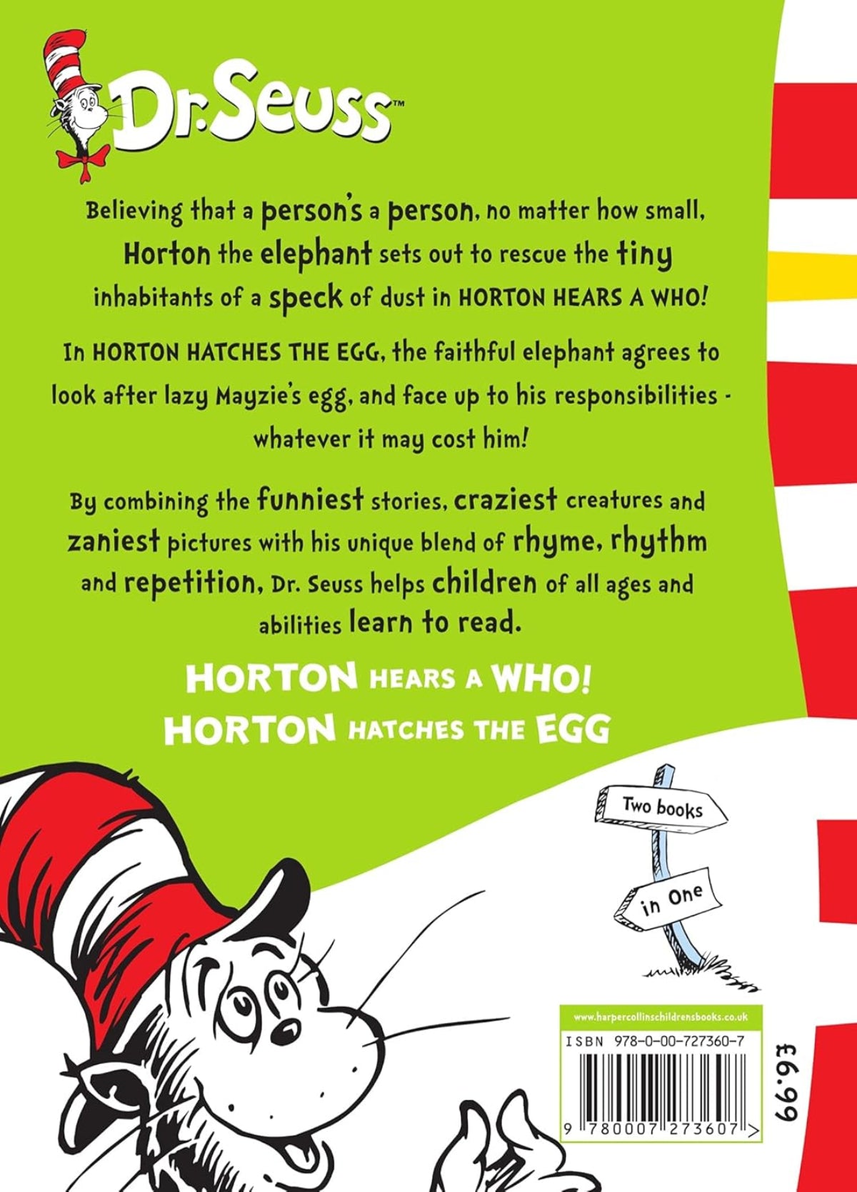 Back cover of 'Horton Hears a Who!' book by Dr. Seuss with text and character illustration.