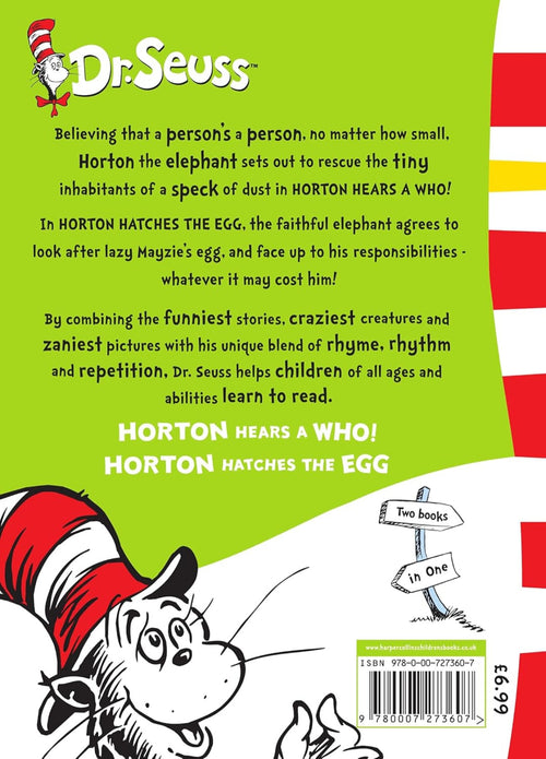 Back cover of 'Horton Hears a Who!' book by Dr. Seuss with text and character illustration.